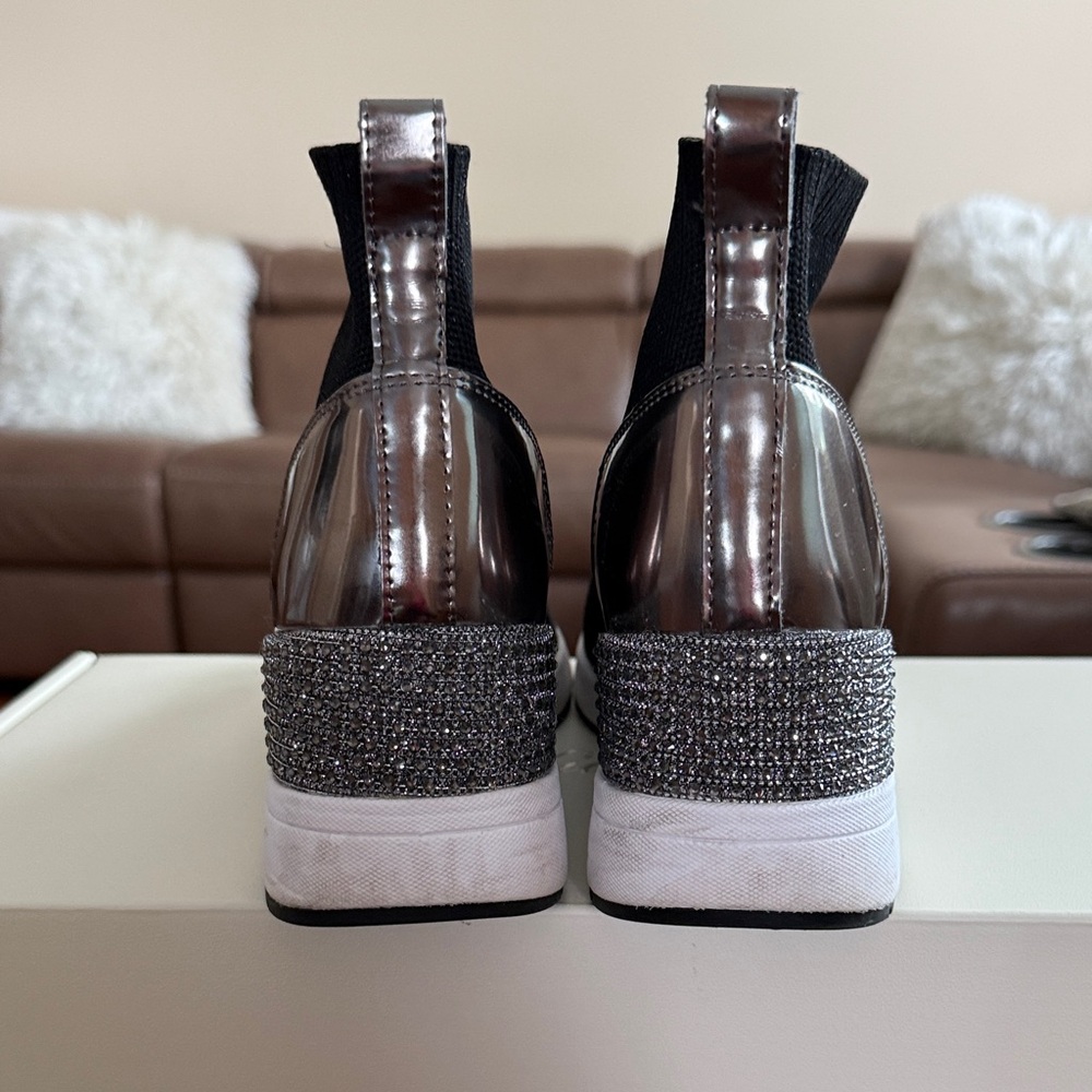 Michael Kors Black Knit Wedge Sneaker with Silver Glitter Heel - Picture 2 of 2